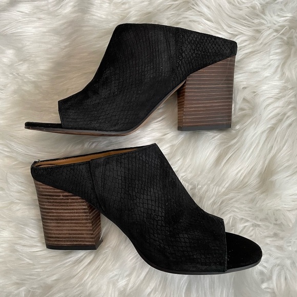 Franco Sarto | Size 10 Black Snake Embossed Suede Firefly Peep-Toe Mule Heels - Picture 8 of 15